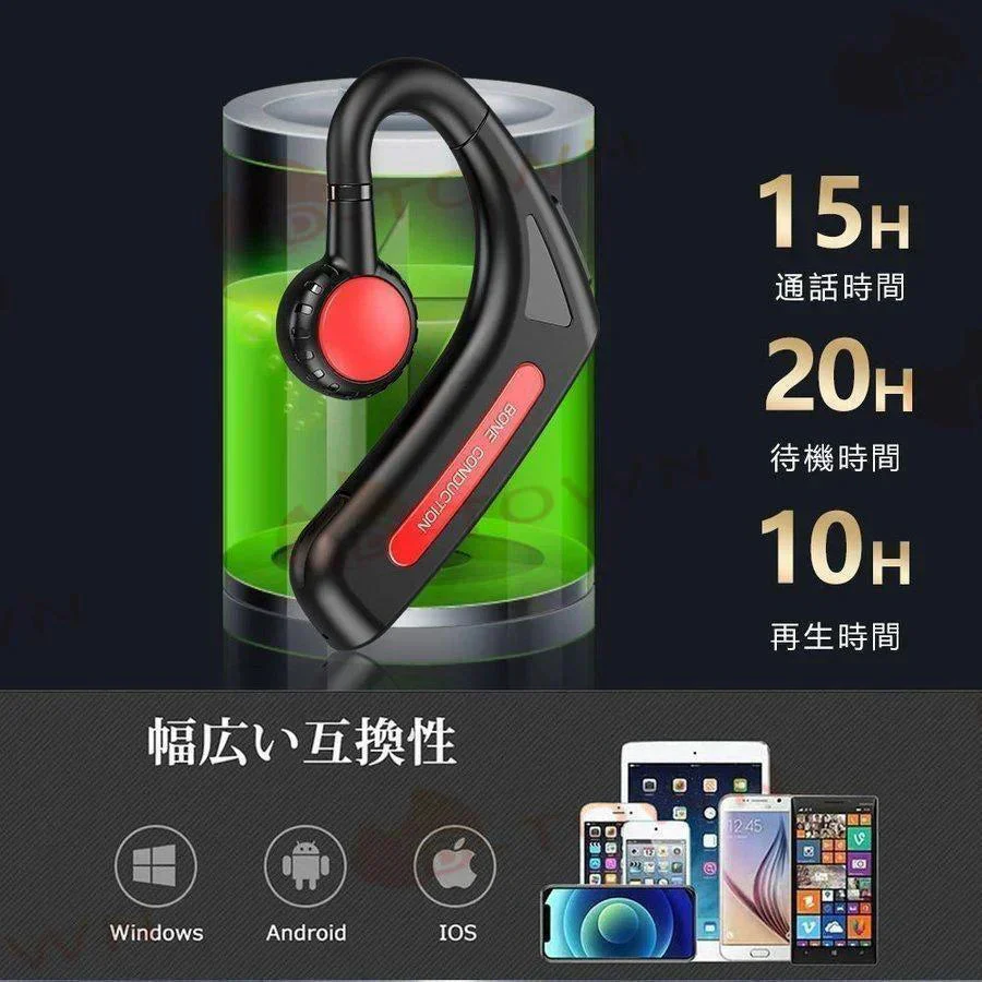 骨伝導 イヤホン Bluetooth 片耳掛け　ワイヤレス マイク付き ヘッドホン(w213A)ブラック