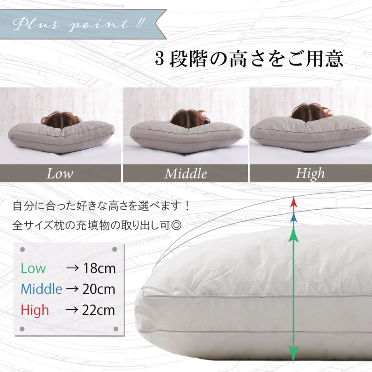 【typeA(チェック柄)ホワイト　18cm(低)　43x63cm】枕 ふわふわ 高度調節可能 柔らかい まくら ホテル マクラ 洗える 安眠枕 快眠枕 いびき防止 肩こり 首こり 側生地綿100% 横向き 寝返り 高さ調節 高反発 低め プレゼント ストレートネック 洗濯機 丸洗い可能 高級 ホテル仕様枕