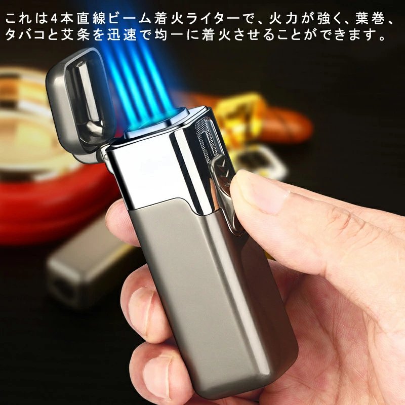 super ライター　携帯便利　スタイリッシュ　ガスライター メタルライター 充填式ライター 注入式ライター トリプル ターボ ジェット ライター　 小型 防風 軽量 薄型 おしゃれ 誕生日 記念日 プレゼント　 登山、キャンプ、防災に最適(ガスを含んでいません) w258D(シルバー)