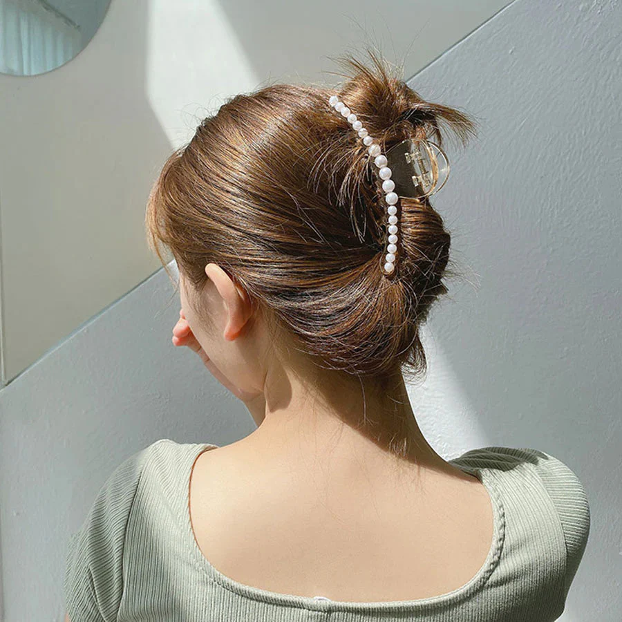 (ホワイト)ヘアクリップ 大粒パール バレッタ まとめ髪 髪飾り ヘアアクセサリー 髪留め ヘアアレンジ アクセント パール バンスクリップ