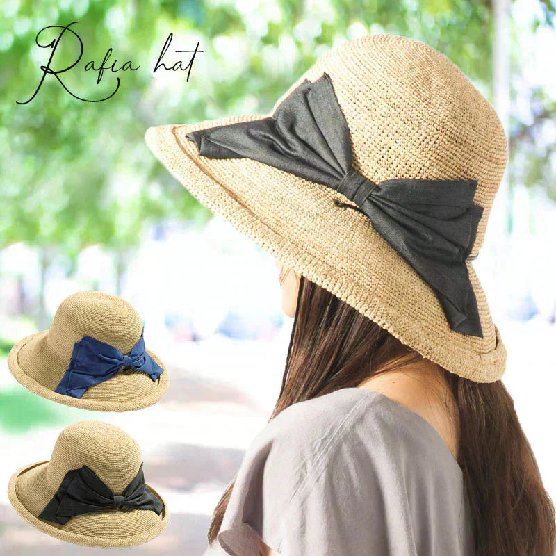 【フリー57.5-59.5cm-ナチュラルブルー】【商品名：紐付きリボンラフィアハット】