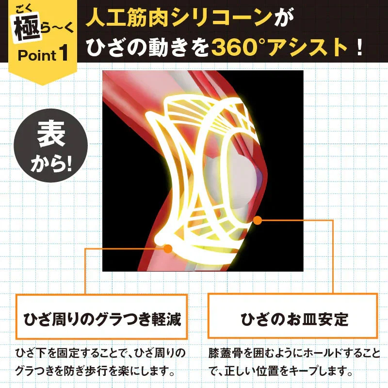 ひざ極らーくプレミアム 左右2枚入り 伸縮自在のシリーコーンがひざを表と裏からサポート ラジウム ブラックシリカ配合 膝のグラつきを軽減 サポーター 専門家が開発！軽い ムレない ゴワつかない 人工筋肉シリコーンがひざの負担を軽減して動きをアシスト ひざ裏では靱帯をサポート＋サイドのシリコーンラインが関節のブレを防ぐ シリカロンα配合で血行促進 温浴気分 ひざ極ら～くプレミアム 左右セット