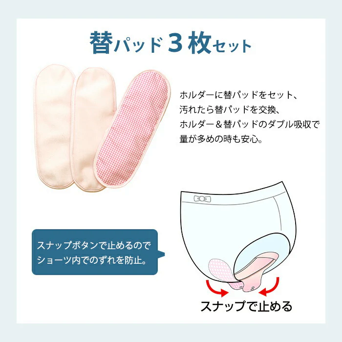 【ベージュ】尿もれパッド 女性用 替えパッド3枚セット 軽失禁 尿もれ 尿とりパッド 吸水 消臭 防水 洗える布パッドセット 日本製