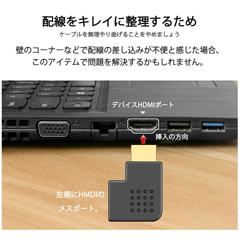 90° 角度変換アダプタ HDMI端子対応 2個セット L字型 左右各1個入 オス⇔メス 1080P対応 ケーブル整理用