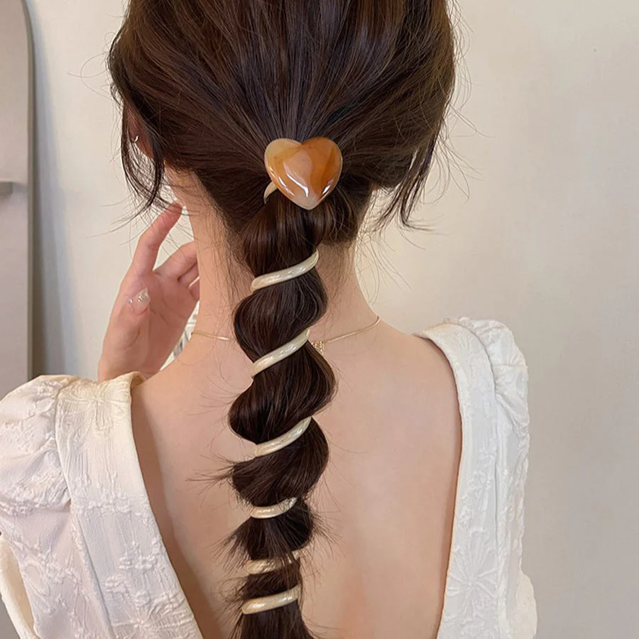 (A04キャメル)プリングヘアゴム くるくる ヘアアクセサリー ハート オシャレ 髪飾り ヘアゴム コイルポニー ワイヤーポニー まとめ髪 プチプラ