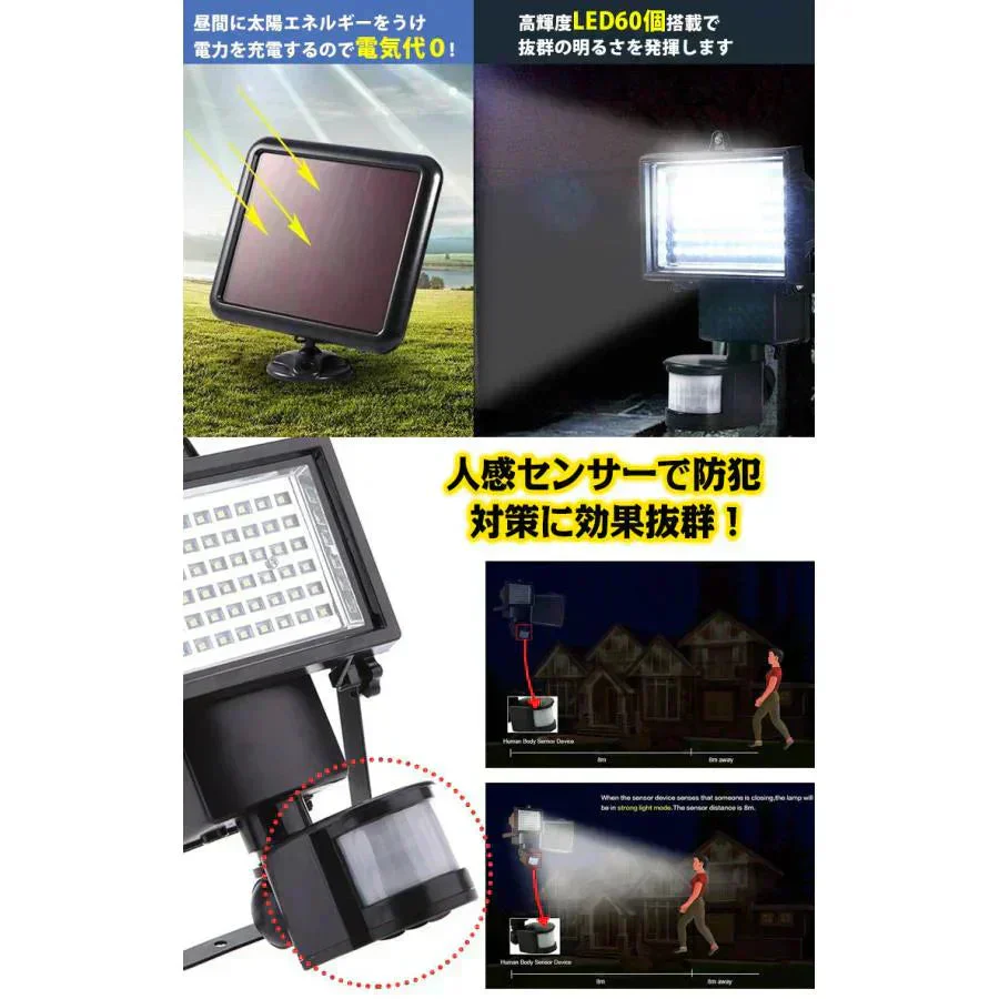 販売終了　ソーラーライト ガーデンライト センサーライト led投光器 人感センサーライト 高輝度 明るい 節電 防犯 玄関灯 作業灯 現場 屋外 太陽光 災害 セキュリティ