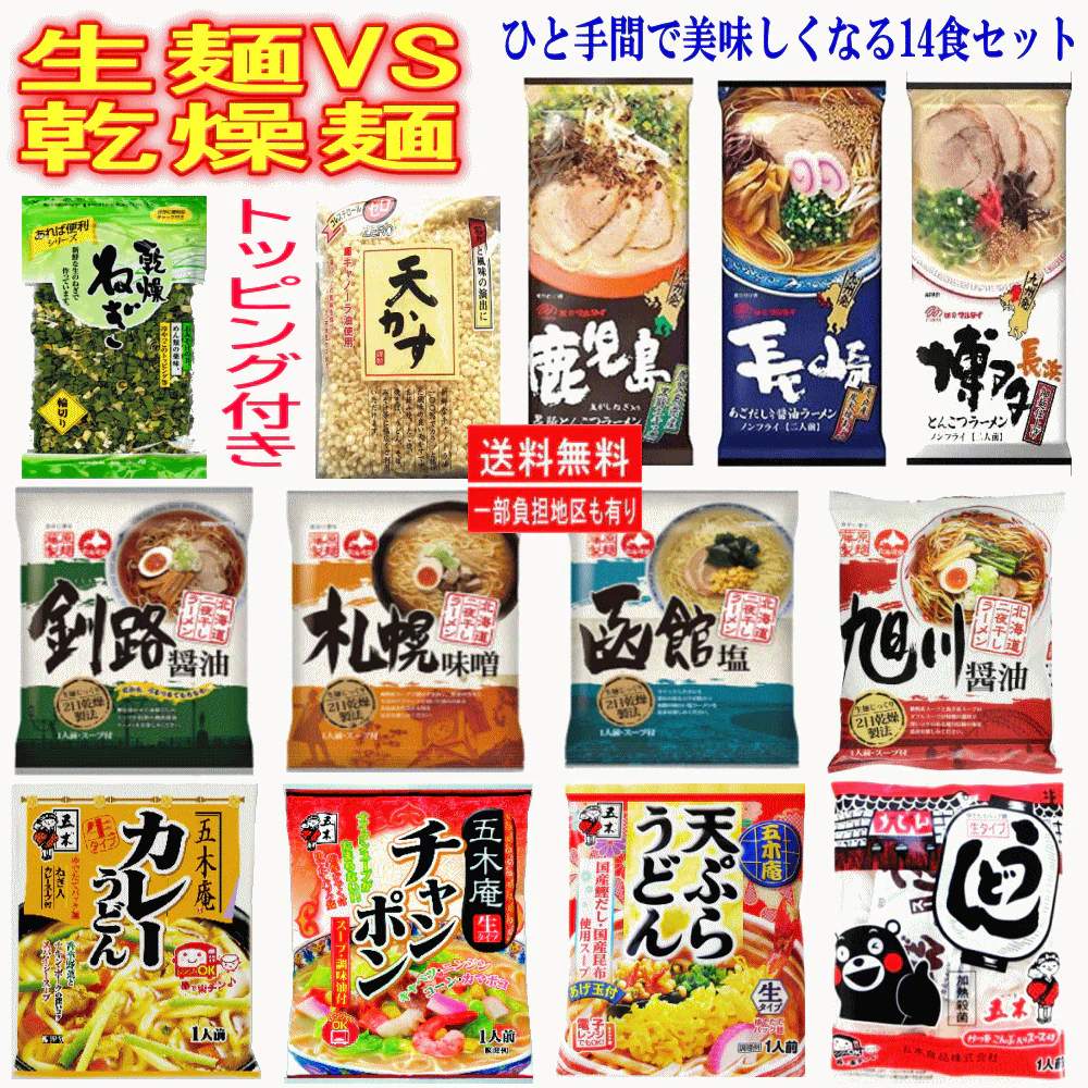 三大メーカー 北海道藤原製麵 九州 マルタイ 五木食品 乾麺VS生麺 14食セット トッピングおまけ付き