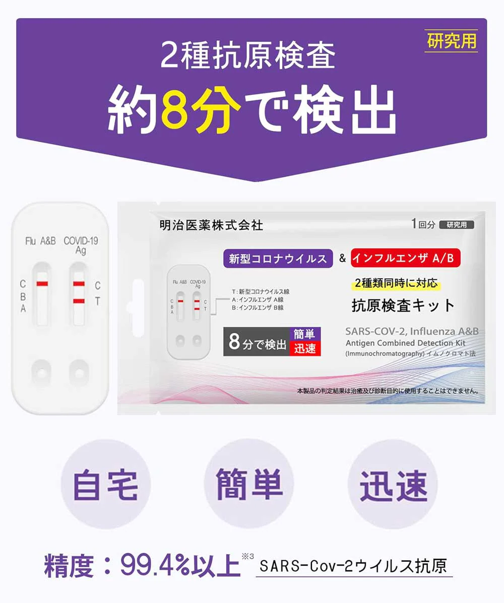 2024最新型 日本製 明治医薬【お試し・1個セット】【オミクロン株対応版 BA.2 BA.5】3類抗原同時検査 Wチェック 抗原検査キット 鼻腔検査 新型コロナウイルス インフルエンザウイルスA/B 最新変異株対応 7分検出