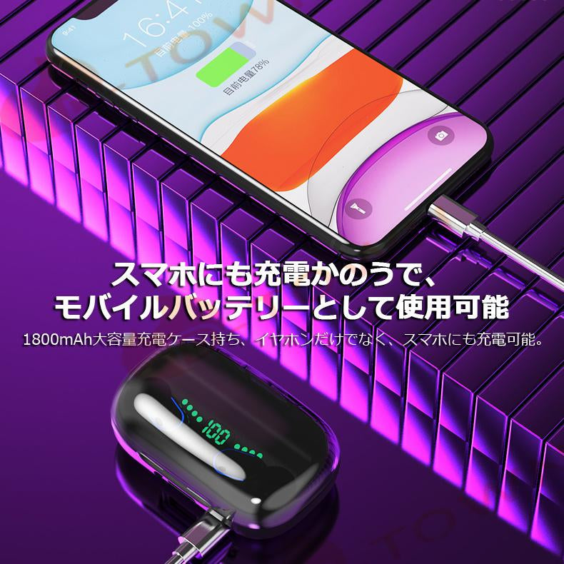 ブルートゥースイヤホン Bluetooth 5.0 ヘッドホン 両耳 高音質 タッチタイプ 完全ワイヤレス 耳掛け式 自動ペアリング IPX7防水 LED残電表示 s058B(ホワイト)