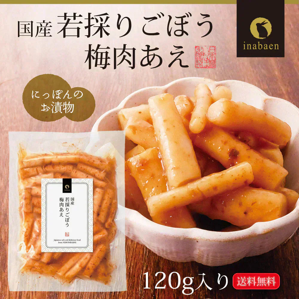 日本橋いなば園 国産 若採りごぼう 梅肉あえ 120g メール便 送料無料
