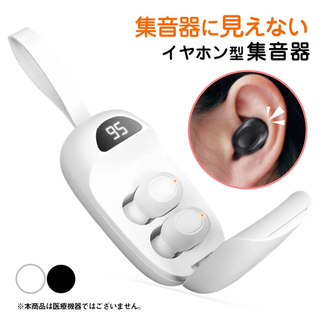 集音器 ホワイト イヤホン型 充電ケース付き 高齢者 ノイズキャンセル 小型 軽量 音量調整 簡単操作 USB充電 両耳 痛くない 大きく聞こえる 使いやすい 便利 敬老の日