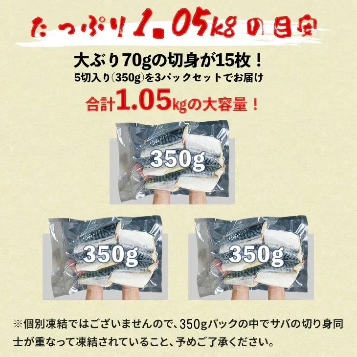 【無塩・無添加】トロサバ“骨取り”切身 大ぶり70g x 15枚=合計1.05kg 小分け350g (70g x 5枚) x 3パック