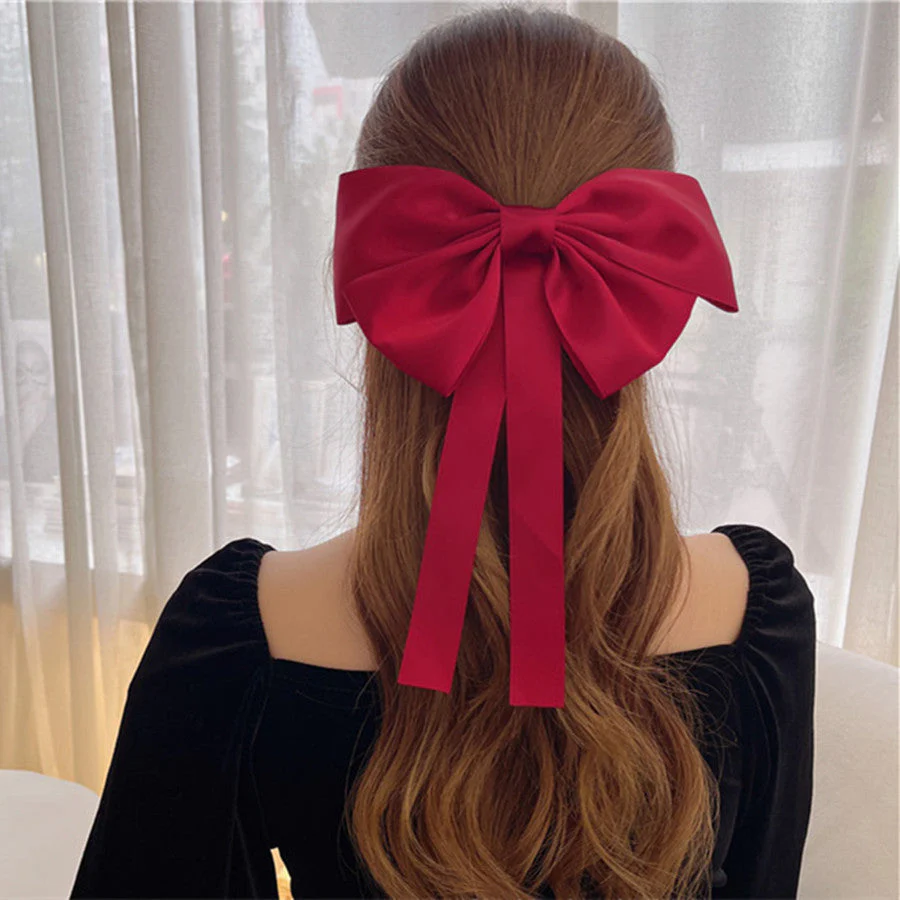 (ワインレッド)リボンバレッタ 大きい リボンヘアアクセサリー ヘアクリップ 清楚 ガーリー エレガント ヘアピン