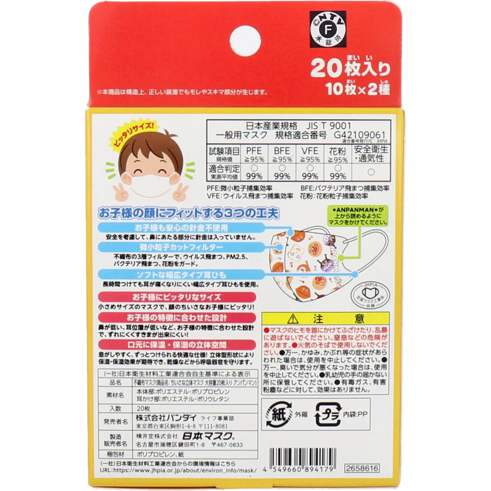 ちいさな立体マスク アンパンマン 2-4歳用サイズ 10枚X2種 20枚入り X4箱
