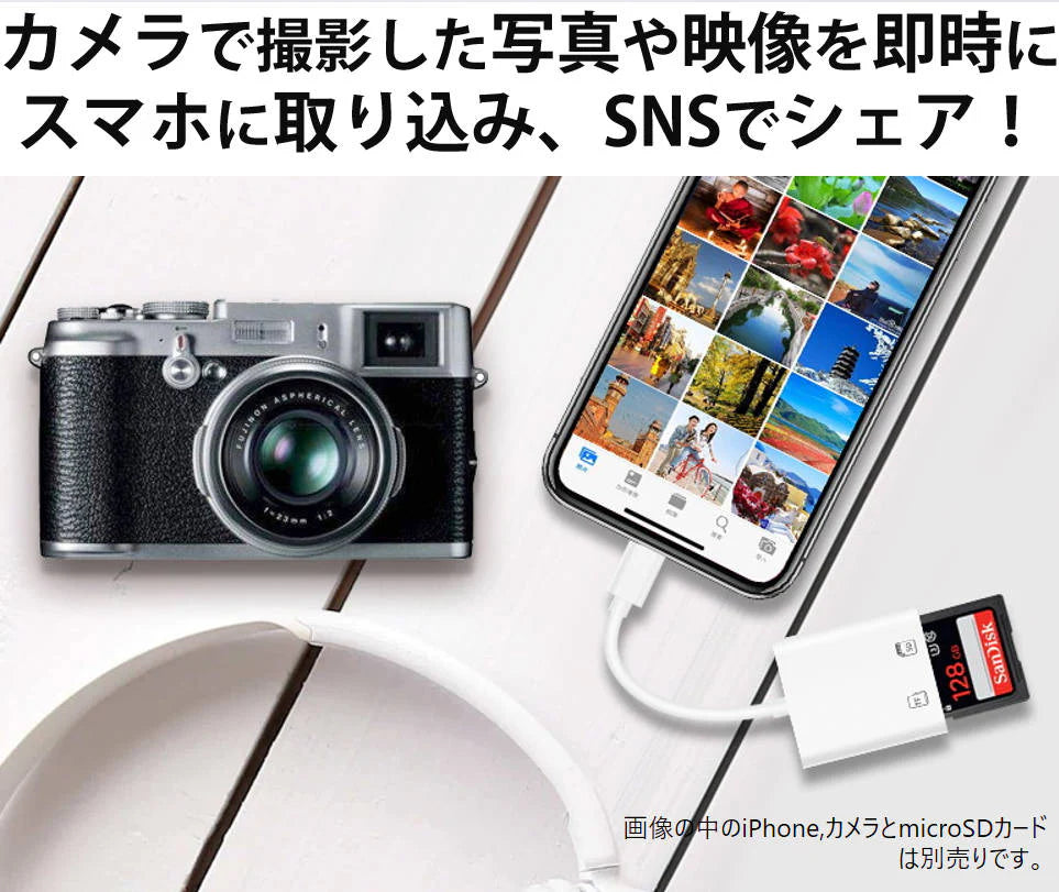 iPhone用TF/SDカードリーダー2in1 MicroSD/SDカードリーダー iPad Lightningライトニング専用 データ転送 バックアップ Office PDF スマートフォン 保存移動
