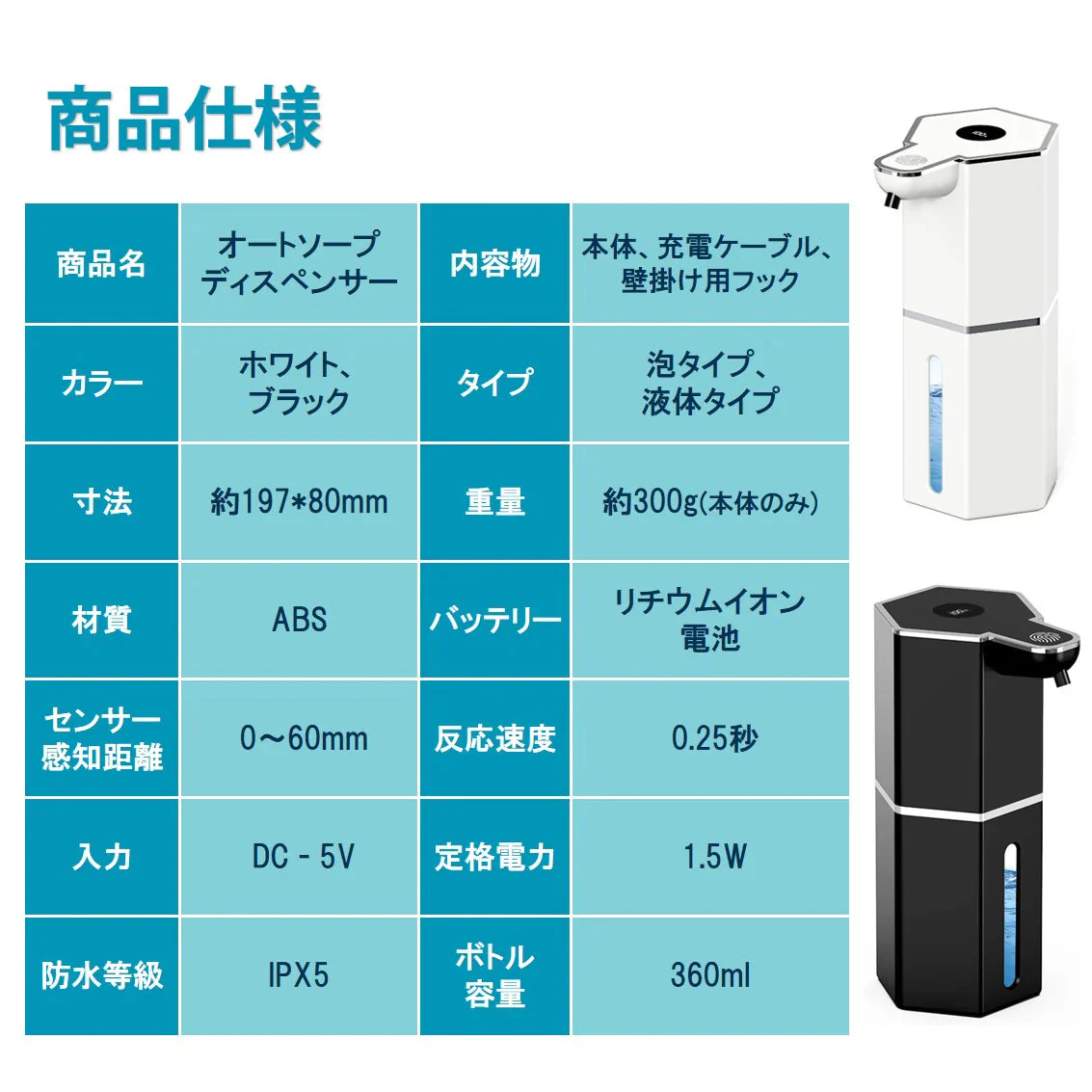ソープディスペンサー ホワイト 泡タイプ 自動 泡 液体 2種選べる 充電式 IPX5 大容量360ml 吐出4段階 ハンドソープ 洗剤 手洗い 洗面所 キッチン 玄関 オフィス 卓上 壁付け 2WAY