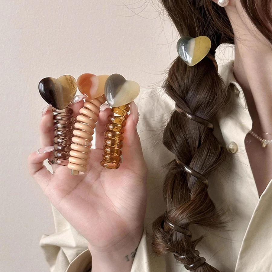 (A04キャメル)プリングヘアゴム くるくる ヘアアクセサリー ハート オシャレ 髪飾り ヘアゴム コイルポニー ワイヤーポニー まとめ髪 プチプラ
