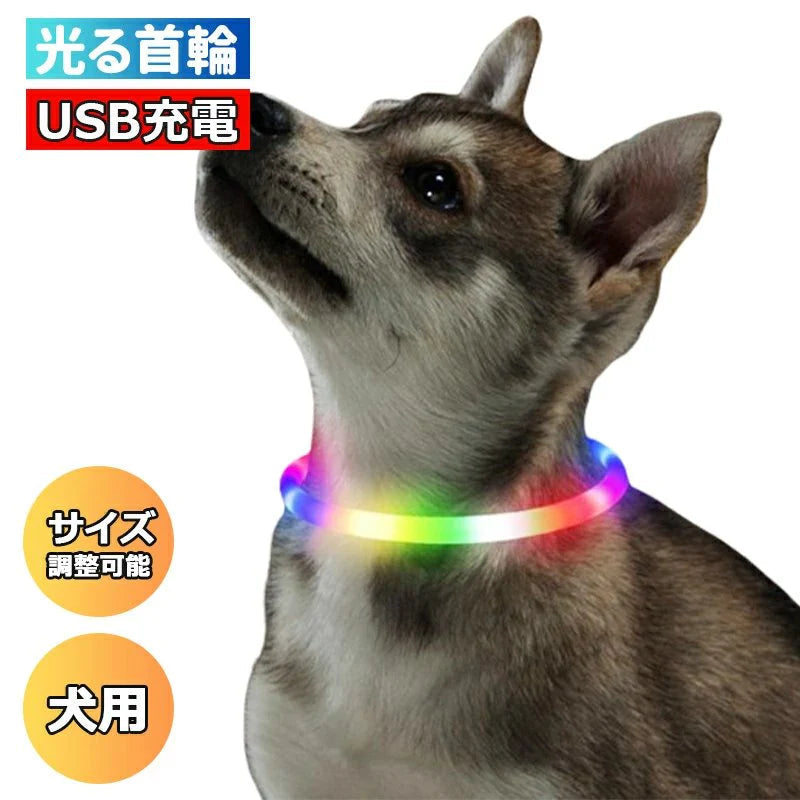 当日発送★光る首輪 犬用 レインボー 発光首輪 充電式 usb充電式 装着簡単 柔らかい 軽量 サイズ調整可能 ペット 犬 猫 視認性 4モード w494F(グリーン)