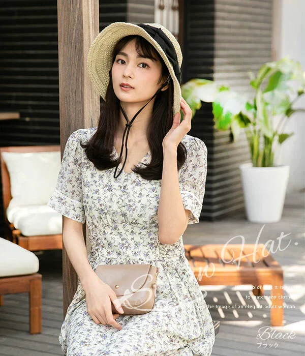 【フリー-ブラック】【商品名：紐付き手編みストローHAT】
