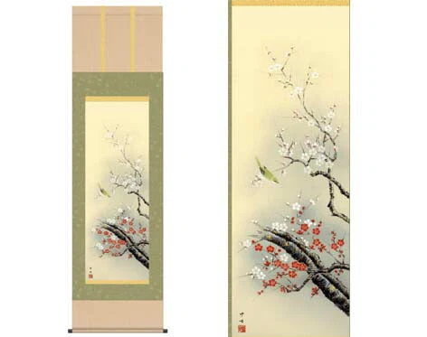 開運掛軸 【紅白梅に鶯】 田村竹世筆 [ 収納箱 10年保証 品質保証付き 31×89 菅原道真所縁 梅花 名花 和室 和 国産 受注生産 床の間 和風 掛け軸 日本製 名画 縁起物 プレゼント 画寸 送料無料 ]