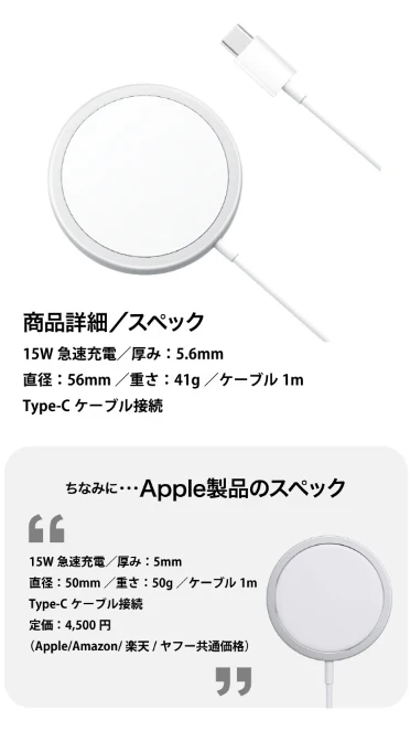 iPhone14 iPhone13 iPhone12 MagSafe対応 ワイヤレス充電器 15W ケーブル長さ 30cm  17-BAT142
