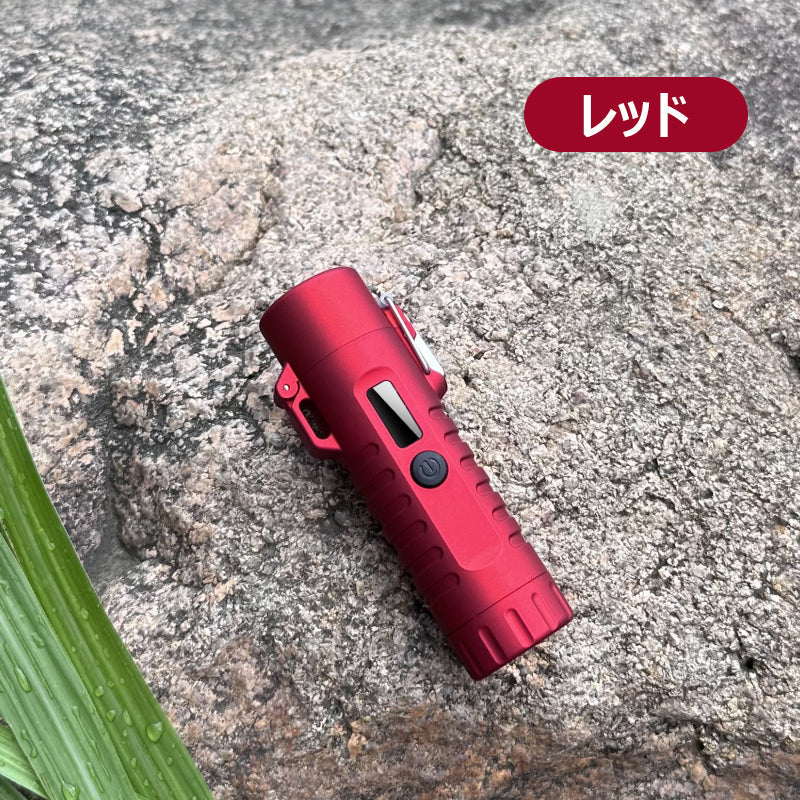 【懐中電灯＆ストラップ付き】電子ライター 無炎 LEDライト 電量表示 ノズル調整可能 TypeC充電 防風 耐風 火起こし 花火 防災グッズ 非常用 キャンプ s126B(レッド)