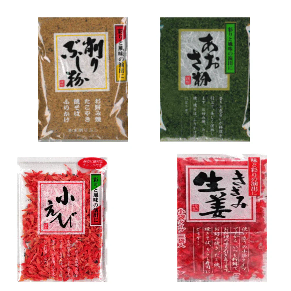 【50周年 記念企画】【粉もん・麺類に 香り 彩どり 味変トッピング乾物4種4袋】 あおさ 粉かつお 小えび きざみ生姜 栃ぎ屋 全国送料無料 ポスト投函