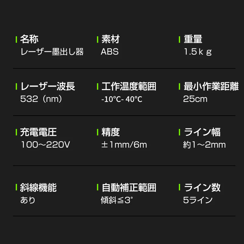 墨出し器 5ライン 水平器 レーザー グリーンレーザー バッテリー2本付き 水平 垂直 コンパクト 高輝度 屋内 屋外 建築 防塵 防水 傾斜 アラーム 自動補正