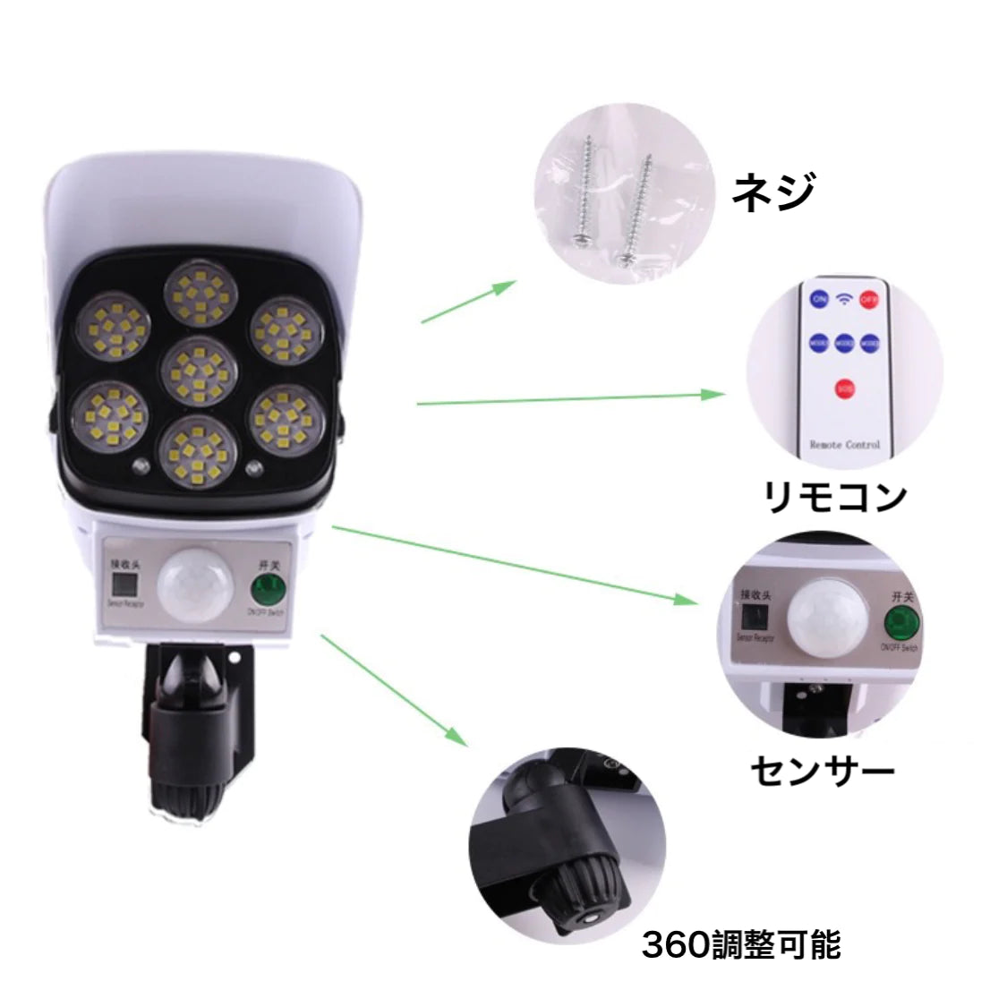 防犯カメラ型LEDセンサーソーラーライト 電源不要 配線不要 防水?防塵 屋外 太陽光充電 角度調節可能 壁掛け 庭先 玄関（w001）