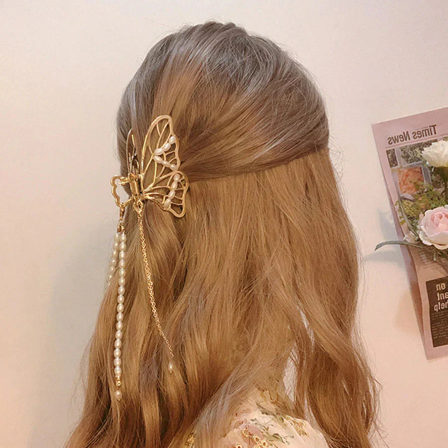 (A01)ヘアクリップ バンスクリップ パール 蝶 バレッタ おしゃれ シンプル ゴールド ヘアアクセサリー 髪飾り
