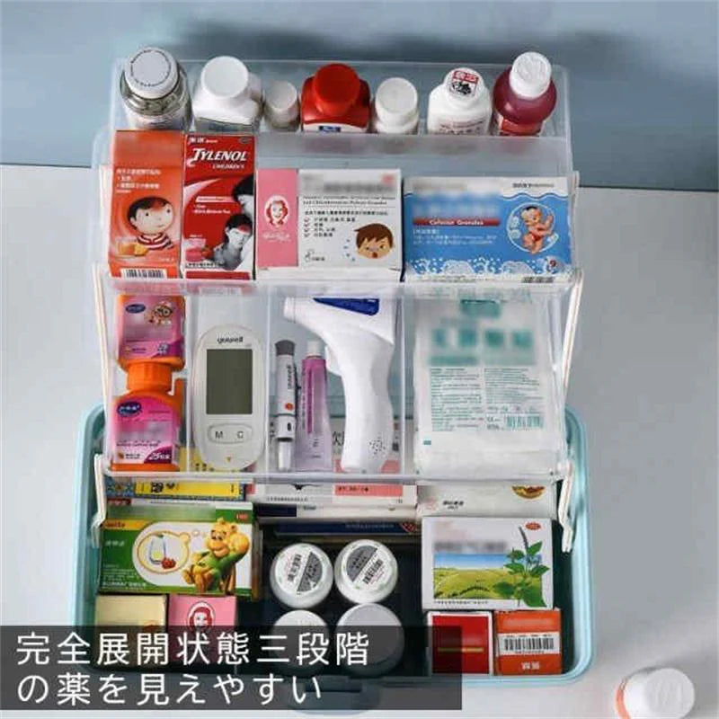収納ボックス 薬箱 救急箱 大容量 3層 応急ボックス 取っ手付き 携帯便利 家庭用 薬入れ 小物入 w463A(ブルー)