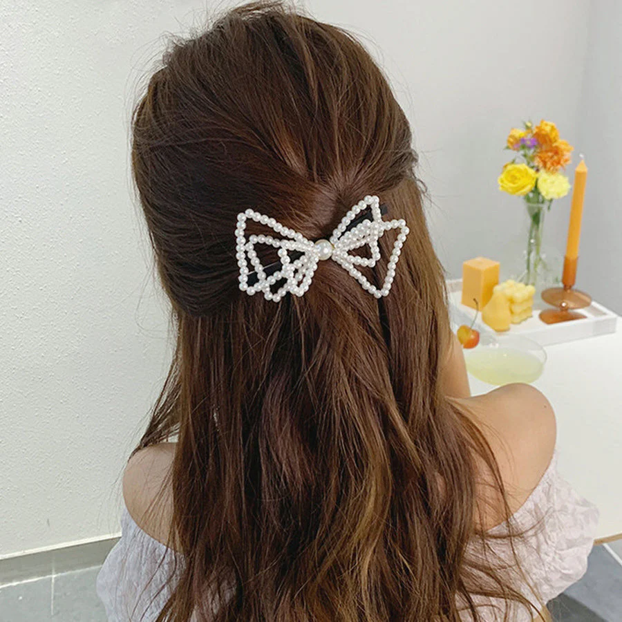 (B金具)ヘアピン ヘアゴム 結び  リボン パールビーズヘアピン パッチン留め かわいい ヘアアクセサリー ホワイト 子ども おしゃれ