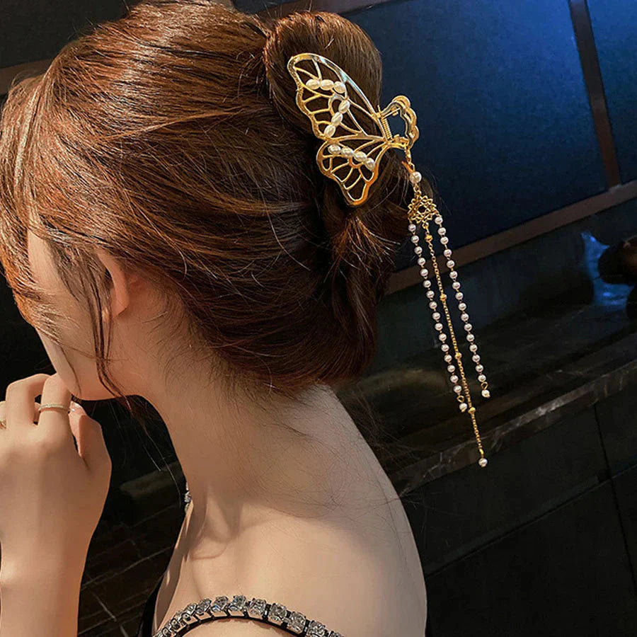 (A03)ヘアクリップ バンスクリップ パール 蝶 バレッタ おしゃれ シンプル ゴールド ヘアアクセサリー 髪飾り