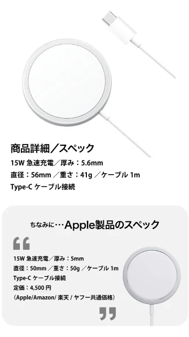 iPhone14 iPhone13 iPhone12 MagSafe対応 ワイヤレス充電器 15W ケーブル長さ 2m  17-BAT142