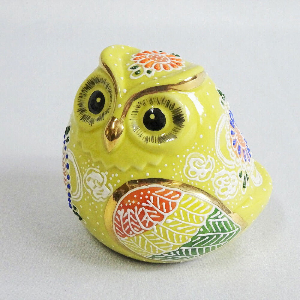 【3人シェア買いでお得】九谷焼 ふくろう3寸 横向き黄地（盛絵）