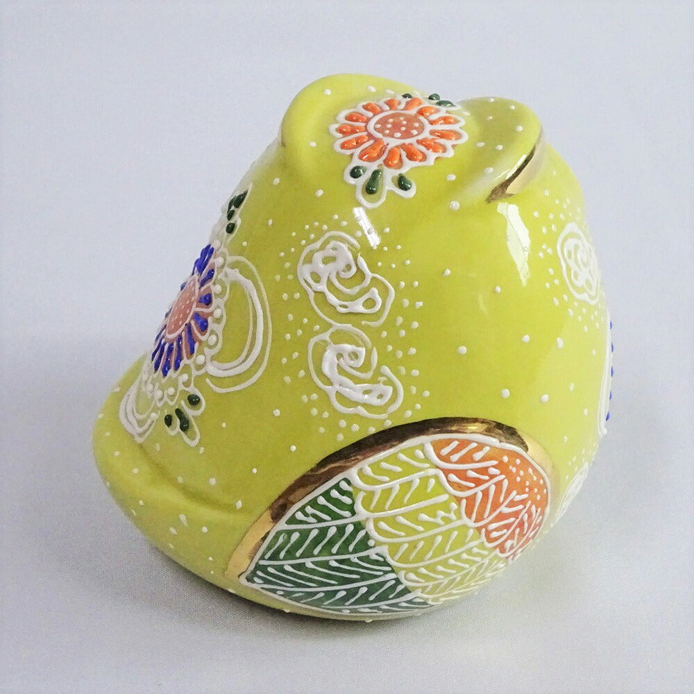 九谷焼 ふくろう3寸 横向き黄地（盛絵）