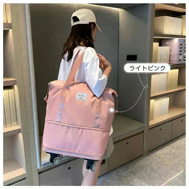 キャリーバッグ 「ライトピンク」 旅行バック 2way 多機能 大きさ調節 4輪 横押し 折りたたみ 軽量 軽い 大容量 機内持ち込み ボストンバッグ おしゃれ 防水 撥水加工 出張