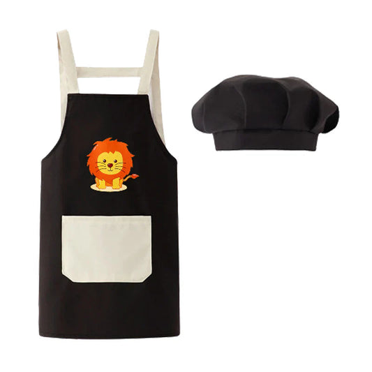 キッズエプロン ブラック 140（130cm,140cm,150cm）2点セット H型エプロン 給食帽子 セット 子供用エプロン かわいい キャラクター付 110 120 130 140 幼稚園 小学生 絵画 料理 女の子 男の子