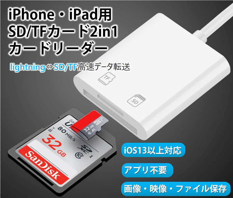 iPhone用TF/SDカードリーダー2in1 MicroSD/SDカードリーダー iPad Lightningライトニング専用 データ転送 バックアップ Office PDF スマートフォン 保存移動