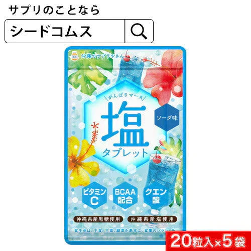 がんばりマース　塩タブレット　ソーダ―味（1袋20粒入り×5セット）　ビタミンC　BCAA　クエン酸　沖縄県産黒糖　沖縄県産塩　ロイシン　バリン　イソロイシン　クエン酸