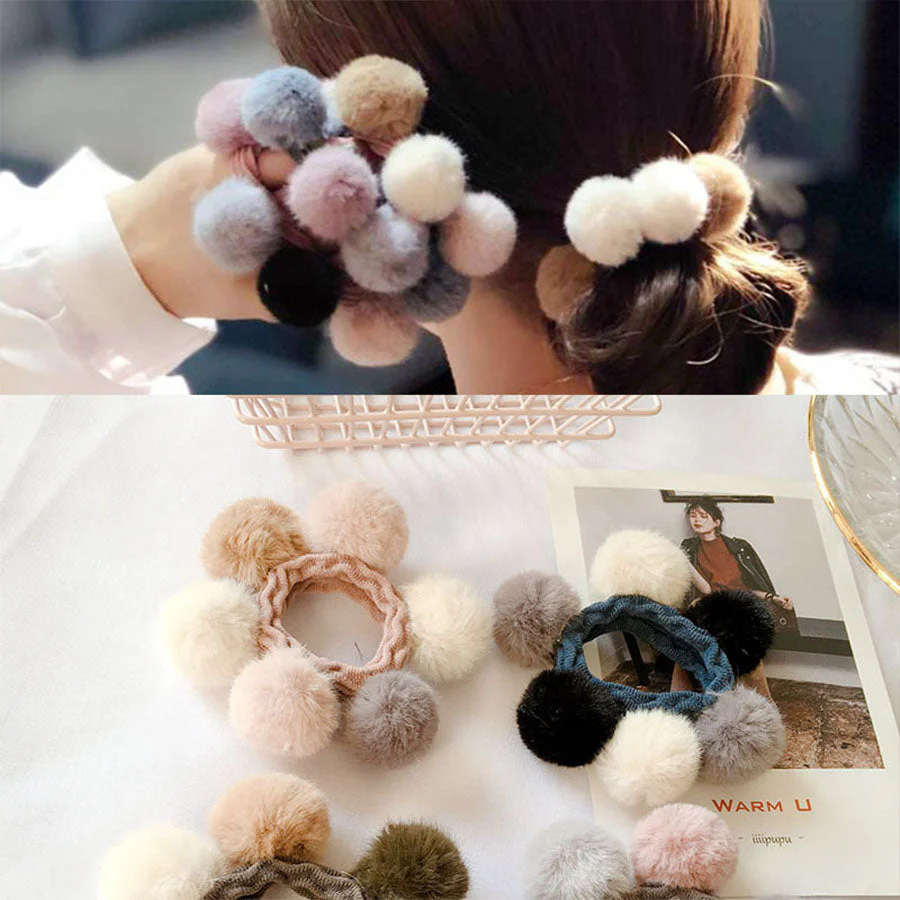 (ブラックグレー)ファー シュシュ ヘアゴム リングゴム 金具なし 職場 ヘアアクセサリー 大人 子供 髪留め