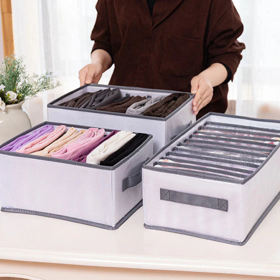 7マス収納ケース PVC 仕切り ズボン 収納ボックス 収納 ジーンズ 衣類 仕切り付き 仕切り収納 下着 収納 整理 収納ケース 衣類収納　靴下 パンツ ハンカチ タオルハンカチ シンプル 折りたたみメッシュ グレー