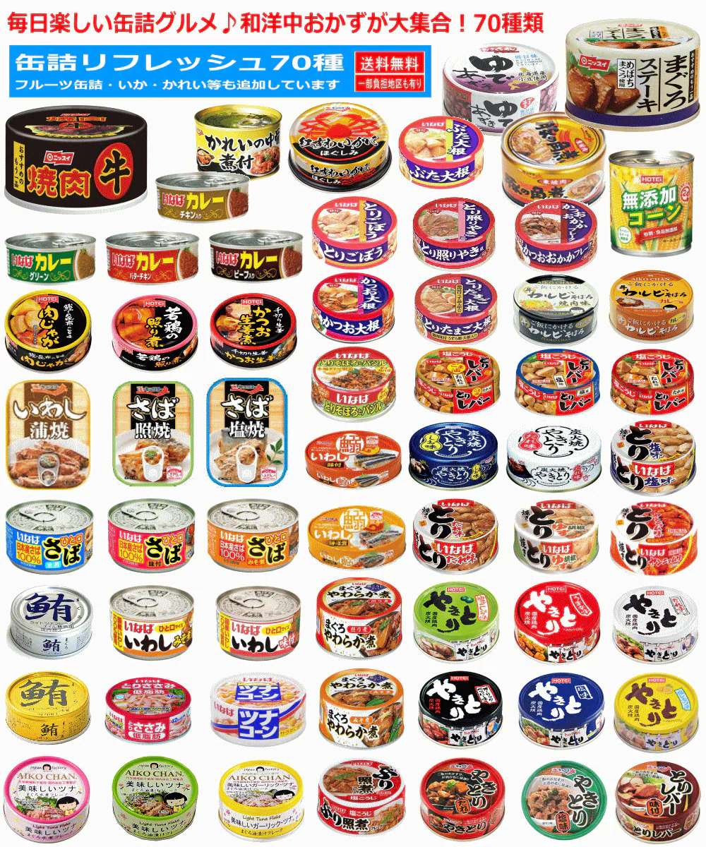 【缶詰め】リニューアル 非常食 保存食に フルーツ缶詰も入った 70缶 9大メーカー 水産・畜産・惣菜・カレー・フルーツまで ポチッで缶詰居酒屋！ 毎日楽しい缶詰グルメ 和洋中おかずが大集合！関東圏送料無料