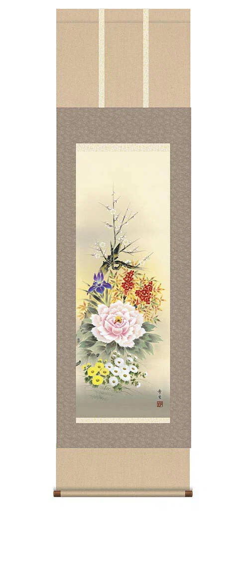 掛軸 【四季花】 北山歩生筆 [ 収納箱 10年保証 品質保証付き 31×89 四季 オールシーズン 牡丹 人気 国産 国内産 受注生産 床の間 和風 掛け軸 日本製 名画 縁起物 プレゼント 画寸 送料無料 ]