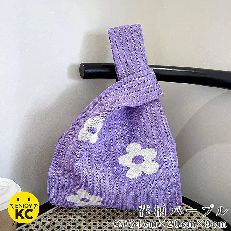 【花柄パープル】SNS大人気 ニットマルシェバッグ レディース 小さめ ニットバッグ 韓国 ミニバッグ ハンドバッグ トートバッグ おしゃれ