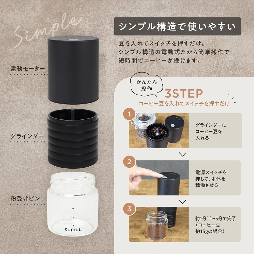 電動コーヒーミル MCK-140BK マクロス sumuu 充電用USBコード付属 ブラック