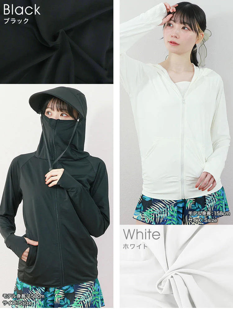 【Mサイズ】【ホワイト】ラッシュガード 接触冷感 レディース パーカー つば付き 長袖 UVカット UVカットパーカー UPF50 フード付き ハイネック 日焼け防止 水着 女性 夏 薄手 吸水 速乾 伸縮 軽い XS S M L XL 冷感 アウトドア キャンプ 釣り 海 海水浴