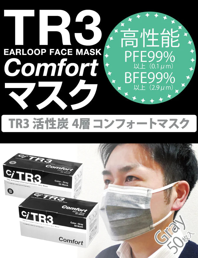 TR3 活性炭4層 コンフォートマスク (グレー) お試し2枚セット (レギュラーサイズ・Sサイズ各1枚) マスク 花粉 活性炭マスク ウイルス対策