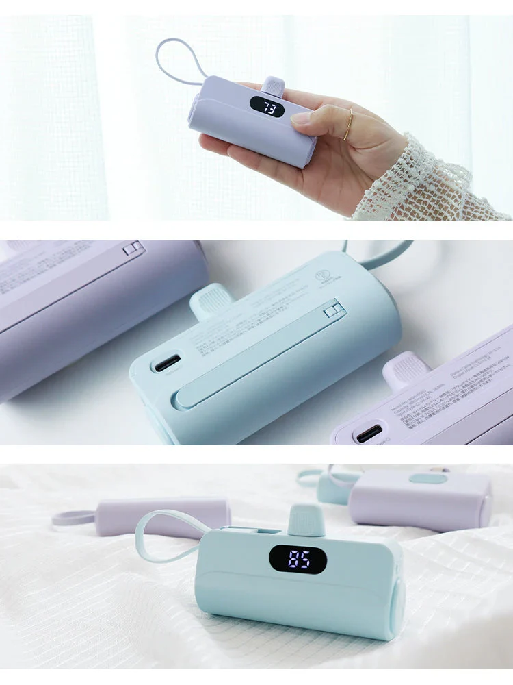 【Type-Cコネクタ】【ラベンダー】モバイルバッテリー 軽量 小型 iPhone 大容量 5000mAh スタンド付き Lightning type-c タイプc 一体型 急速充電 2台同時充電 直挿し コードレス スマホ充電器 おしゃれ 残量表示 ipad Android PSE認証済 防災 送料無料