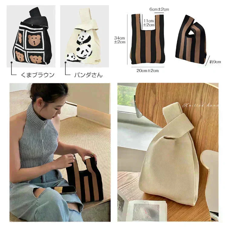 ◎予約・9月下旬発送予定◎くまブラウン柄 SNS大人気 ニットマルシェバッグ  レディース 小さめ ニットバッグ 韓国 ミニバッグ ハンドバッグ トートバッグ おしゃれ【カウシェファーム収穫対象商品】